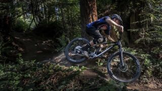 Rider Evan Mercure on a Marin Rift Zone 27.5 3, riding on the trails above Arcata, CA.
